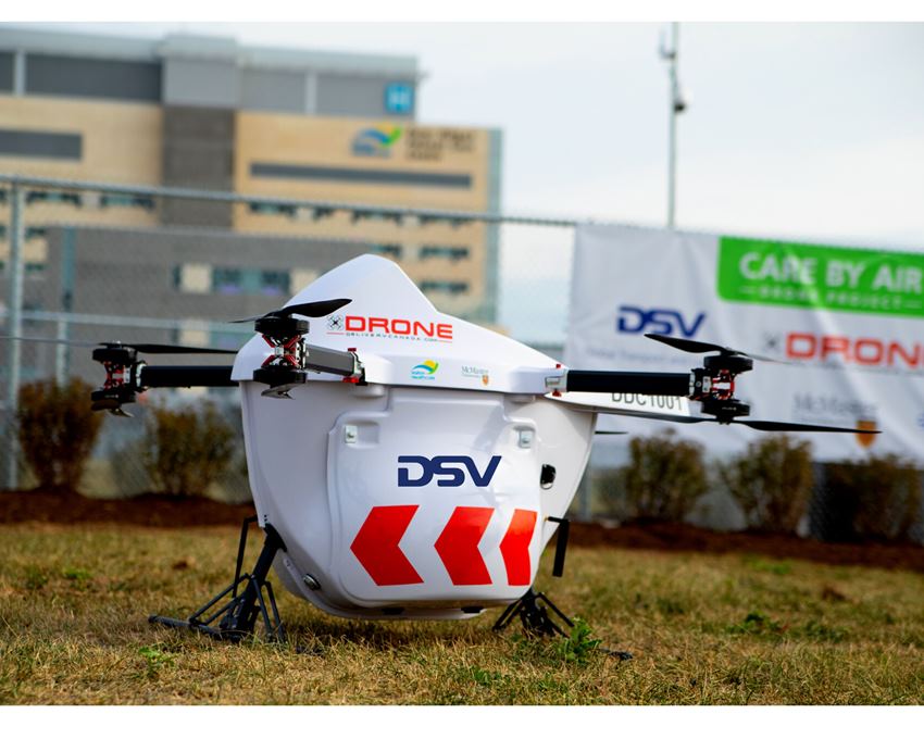 Drone Delivery Canada drone displaying the DSV logo
