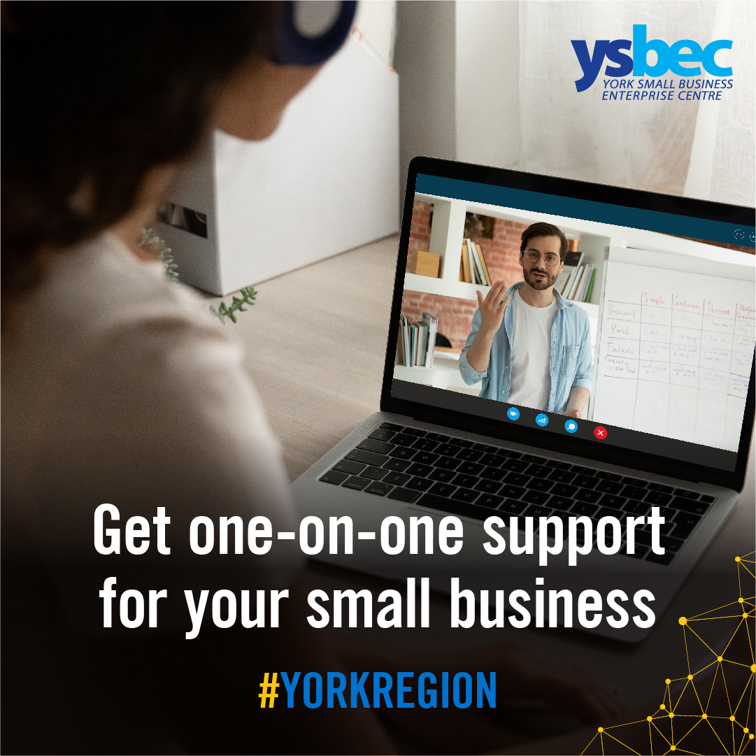 YSBEC_SOCIAL_TEMPLATES_v1-06 A woman is conducting a virtual call on her laptop with a mentor. There is text overlaid on the bottom of the image that says "Get one-on-one support for your small business"