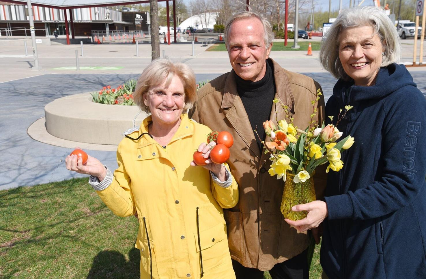 Newmarket Farmers' Market founder Jackie Playter, alongside original vendor Ron VanHart and president Cathy Bartolic.