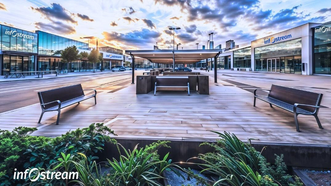 Modern and Urban Technology and Innovation Campus with outdoor employee square with benches, a wooden deck, a covered seating area, and buildings with "Infostream" logos under a cloudy sky.