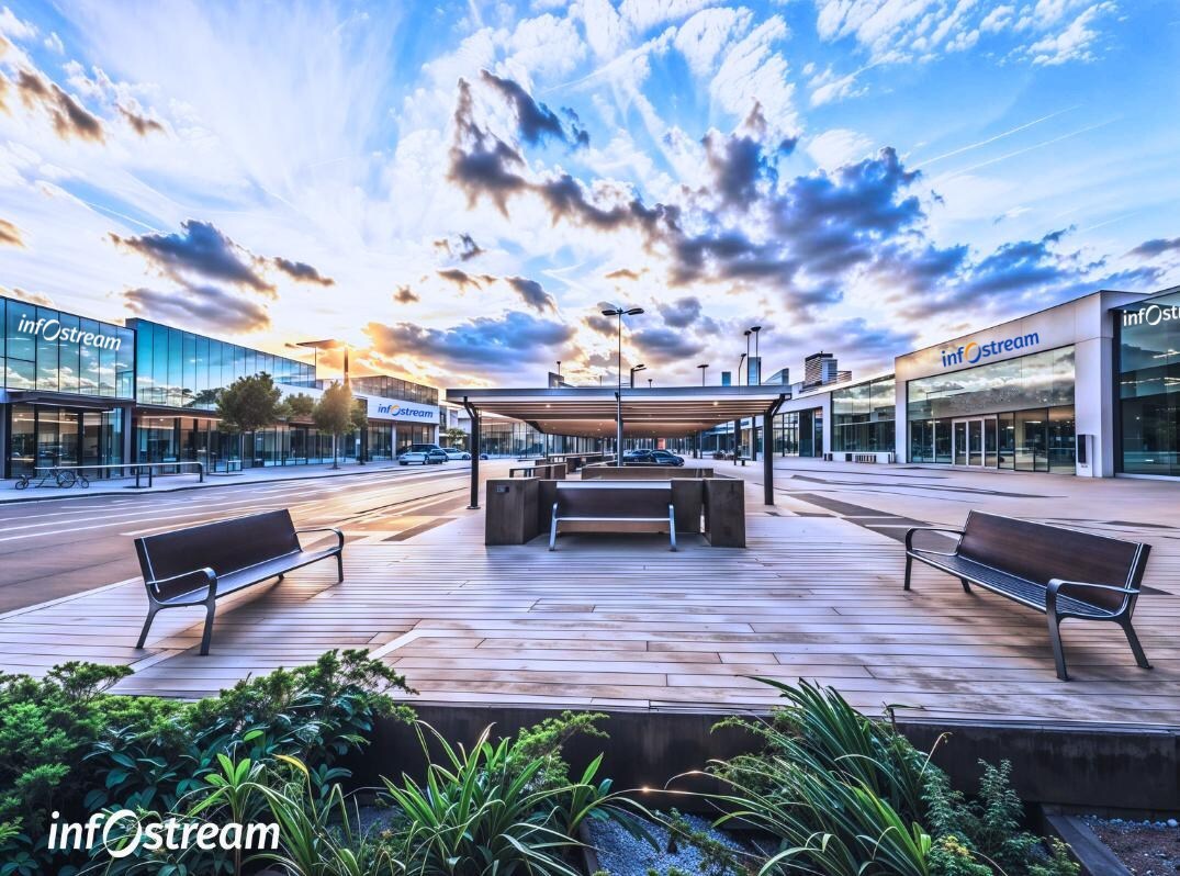 Modern and Urban Technology and Innovation Campus with outdoor employee square with benches, a wooden deck, a covered seating area, and buildings with "Infostream" logos under a cloudy sky.